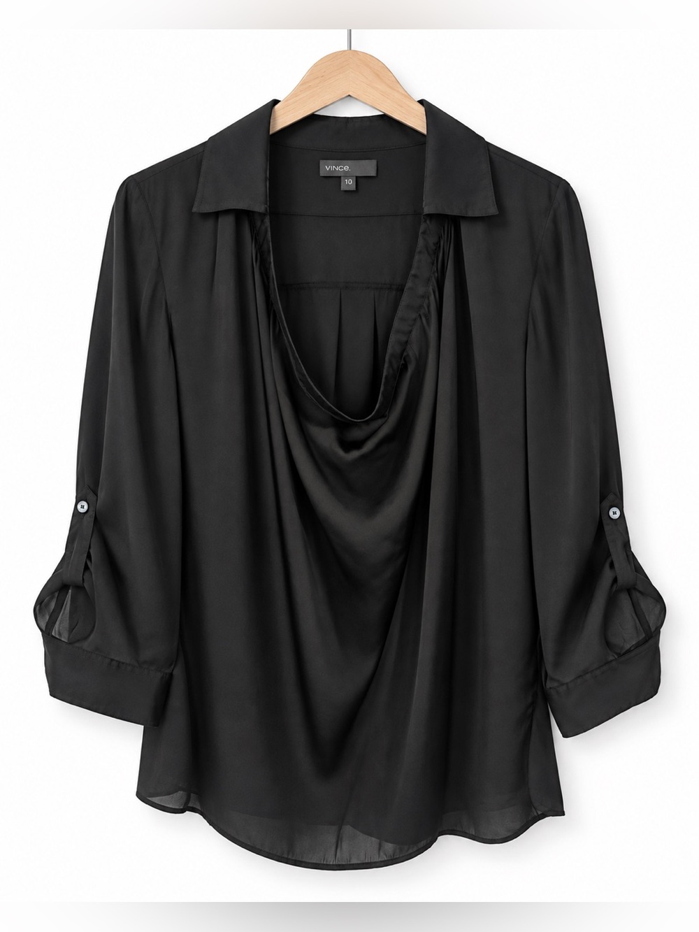 Vince Black Draped Cowl Neck Silk-Look Blouse Size 10 Minimalist Workwear